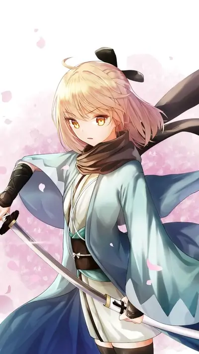 Girl with a katana, light blue kimono