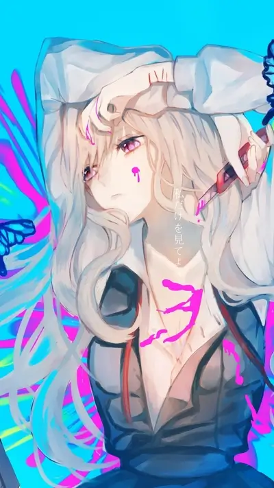 Girl with a knife, blood-like liquid on her face, light hair