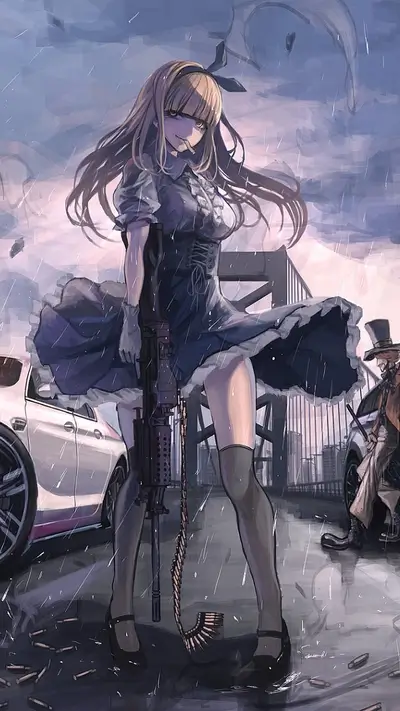 Girl with a machine gun in the rain