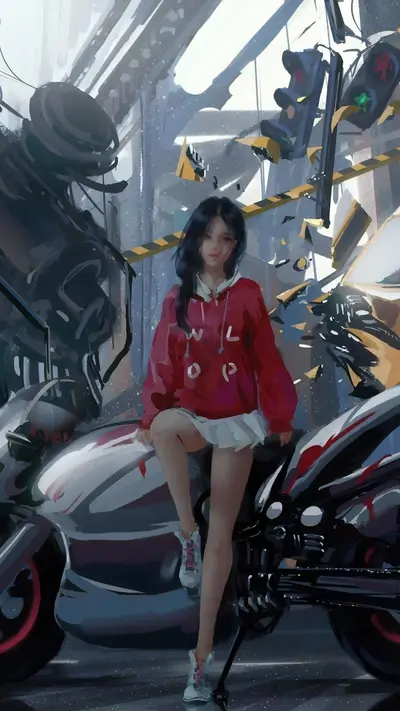 Girl with a motorbike in a destroyed cityscape, wearing red hoodie