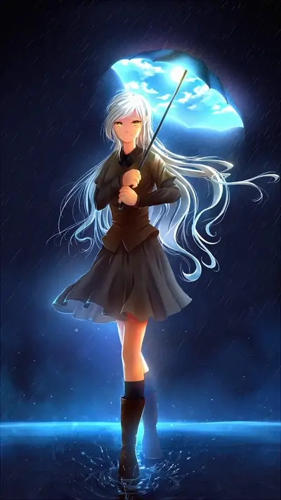 Girl with a sky umbrella in the rain