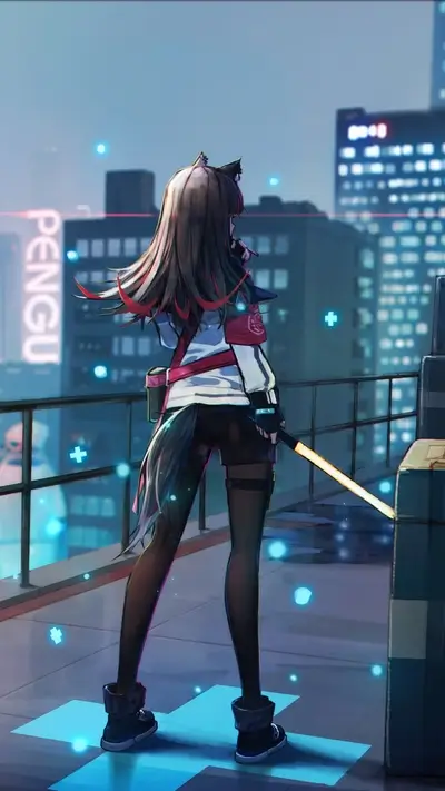 Girl with a sword on a rooftop overlooking a city