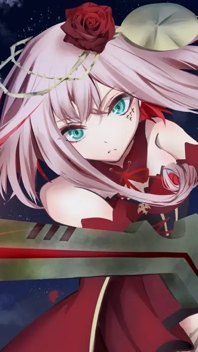 Girl with a sword, red dress, and rose in her hair