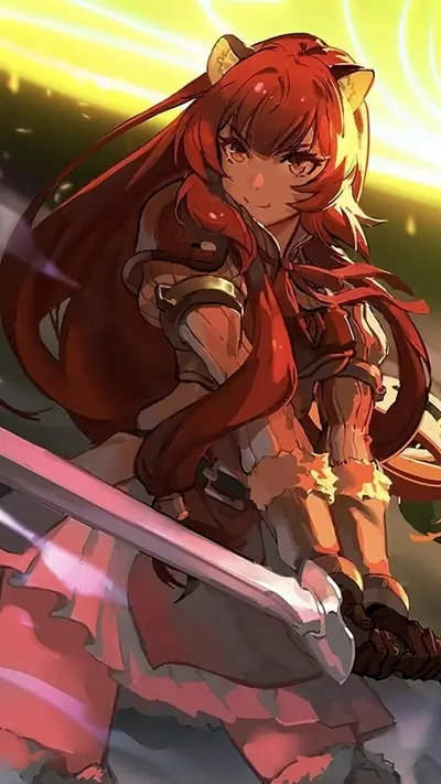 Girl with animal ears and red hair holding a sword, anime style