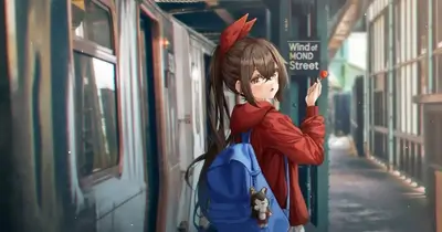 Girl with backpack near train