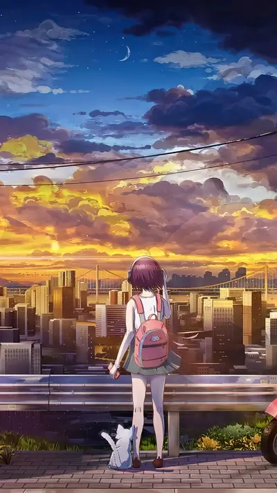 Girl with backpack overlooking city at sunset