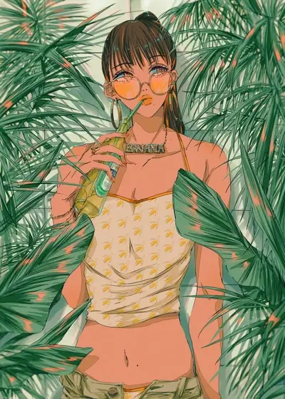 Girl with banana top, necklace and sunglasses drinking a beer surrounded by leaves