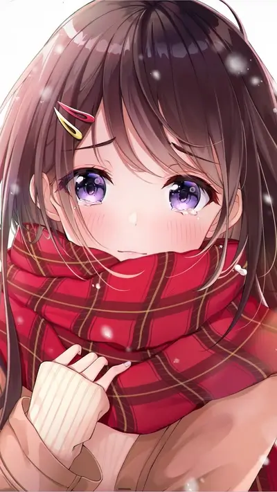 Girl with big eyes in winter wearing a red plaid scarf