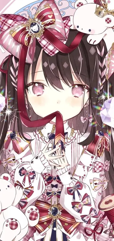 Girl with big eyes, ribbons, and teddy bear