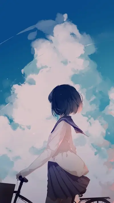 Girl with bike under cloudy sky