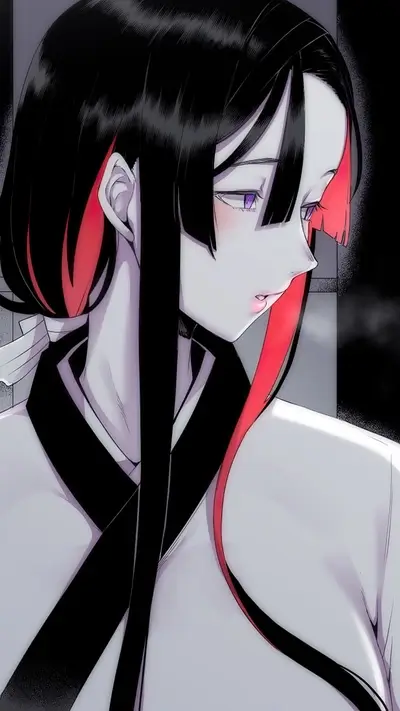 Girl with black and red hair, wearing a white robe