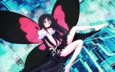 Girl with black butterfly wings on digital binary background