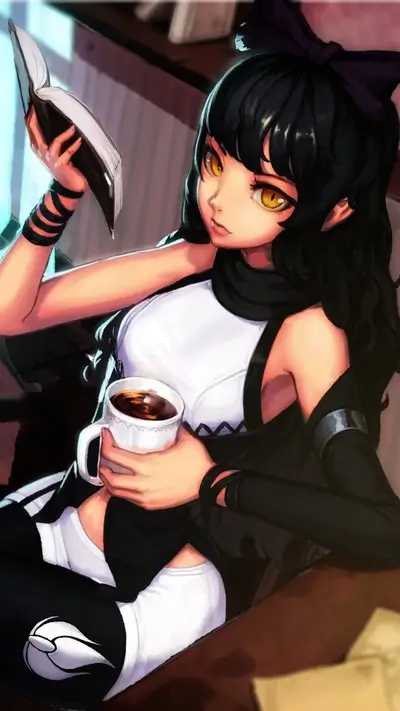 Girl with black hair and yellow eyes holding coffee cup while reading book