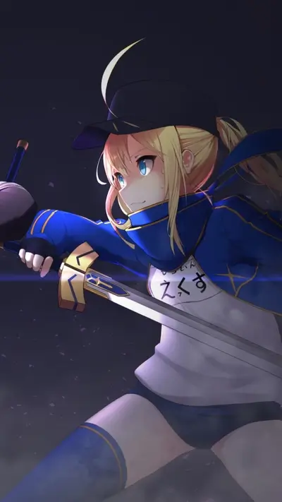 Girl with blond hair and blue clothing wielding a sword