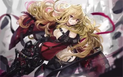 Girl with blond hair and red outfit holding a weapon