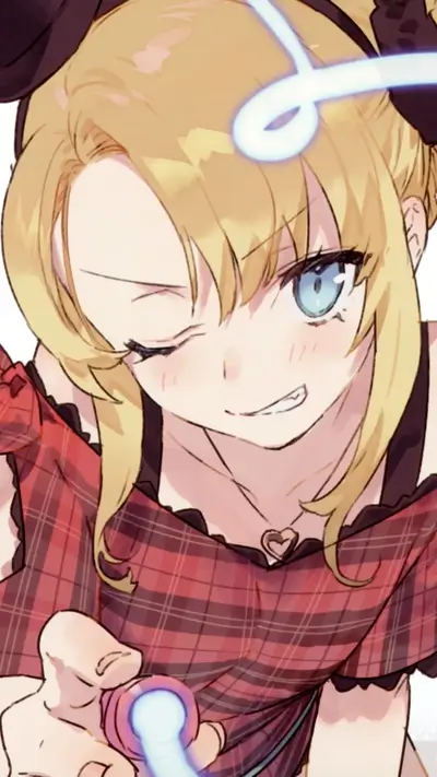 Girl with blond hair and red plaid top