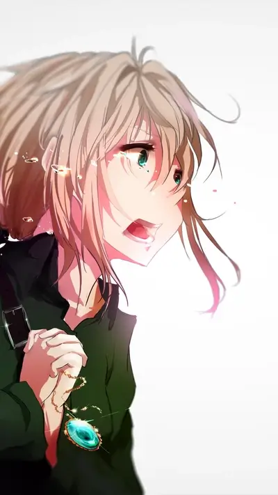 Girl with blond hair crying, holding a necklace