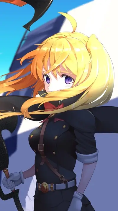 Girl with blond hair in dark uniform holding a staff