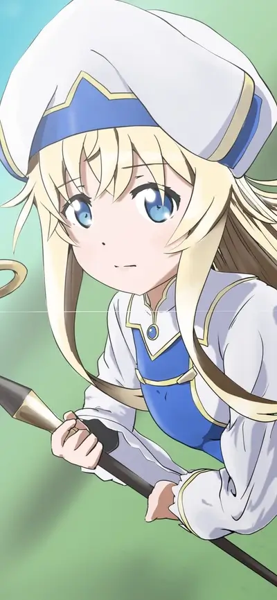 Girl with blonde hair and blue eyes holding a staff