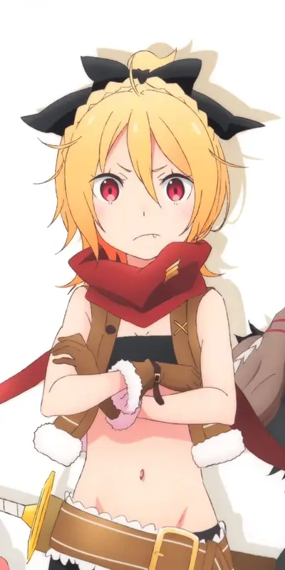 Girl with blonde hair and red eyes, wearing a brown outfit