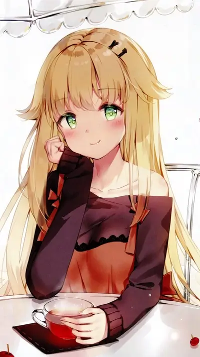 Girl with blonde hair drinks tea