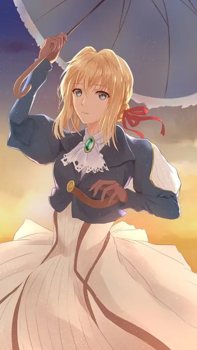 Girl with blonde hair under an umbrella