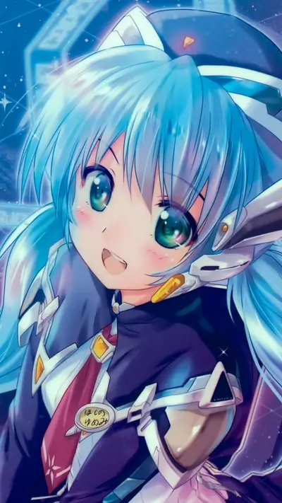 Girl with blue hair and captivating green eyes, futuristic elements, and a cheerful smile