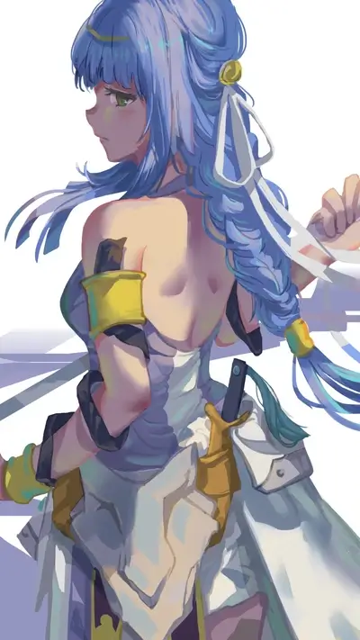 Girl with blue hair and golden decorations, wearing a white dress