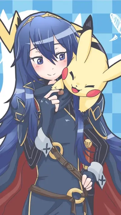Girl with blue hair and Pikachu embracing each other