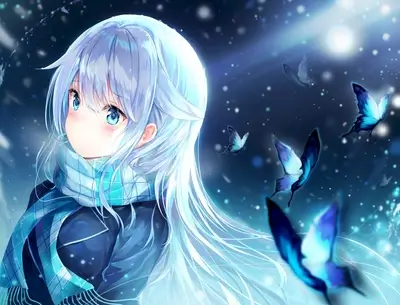 Girl with blue hair and scarf, butterflies flying around