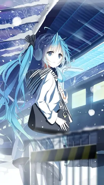 Girl with blue hair at a train station in winter
