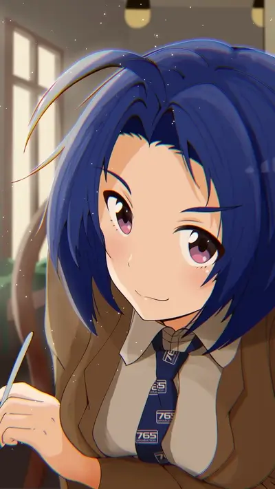 Girl with blue hair, brown jacket, and tie