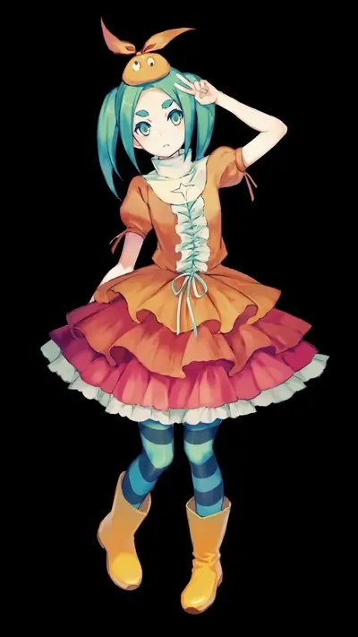 Girl with blue hair, colorful dress, striped tights, and playful pose