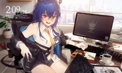 Girl with blue hair eating lunch at her desk