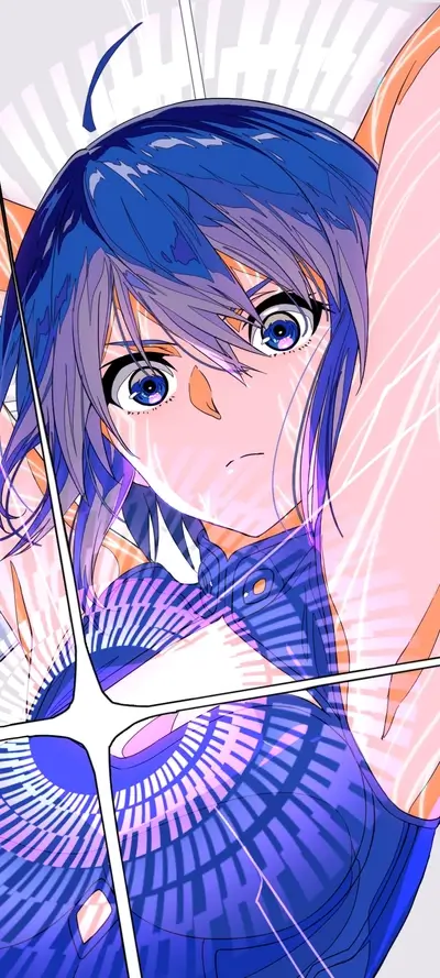 Girl with blue hair, futuristic clothing, vibrant colors