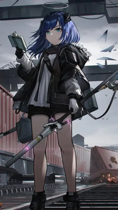 Girl with blue hair holding a weapon and a book