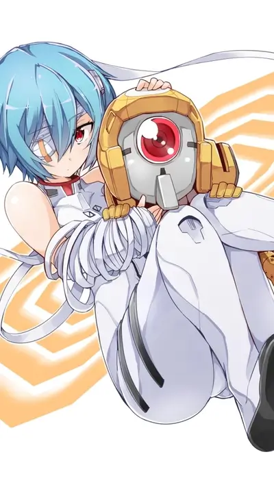Girl with blue hair hugging a robot head, wearing a white suit