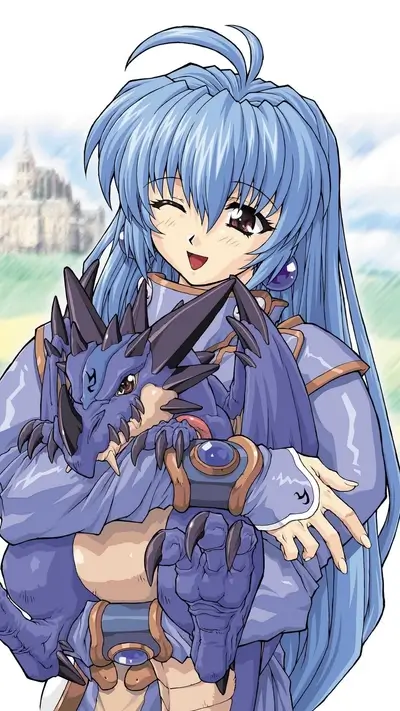Girl with blue hair hugging a small dragon
