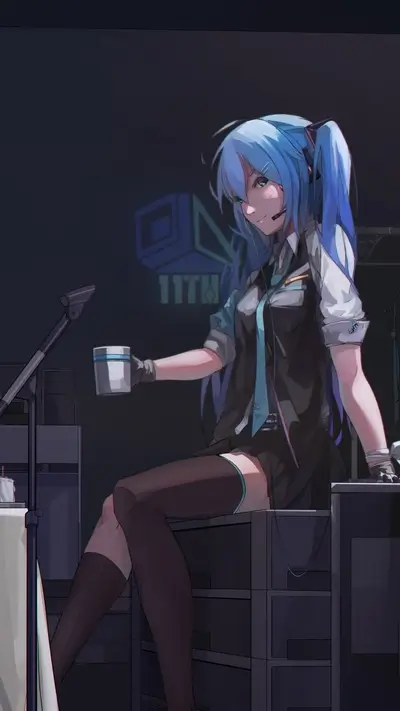 Girl with blue hair in a black uniform holds a cup