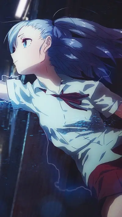 Girl with blue hair in a dark alleyway