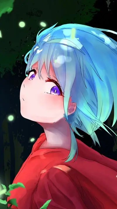 Girl with blue hair looking up in a forest