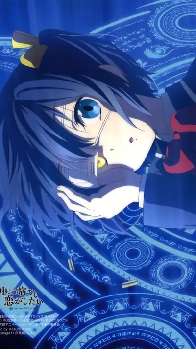 Girl with blue hair lying on a glowing blue circle