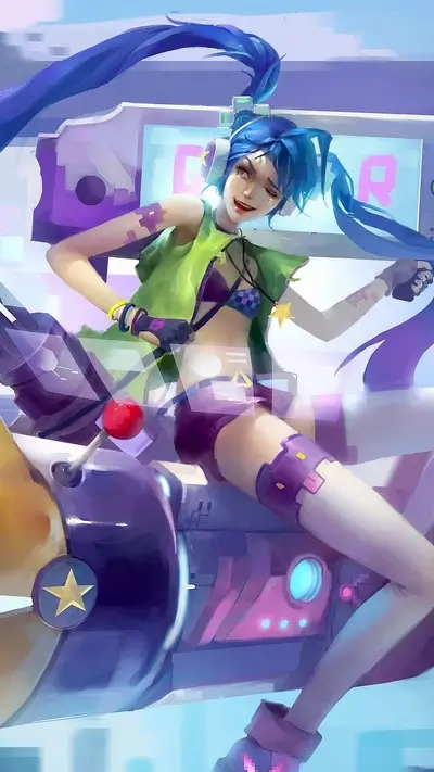 Girl with blue hair on a futuristic vehicle