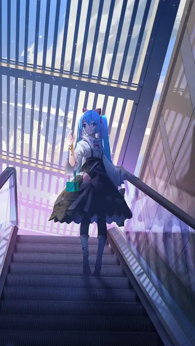 Girl with blue hair on escalator