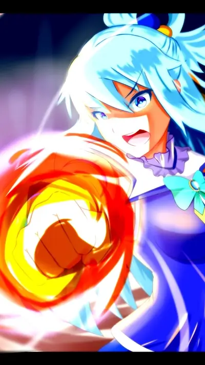Girl with blue hair punches, fiery energy emanating