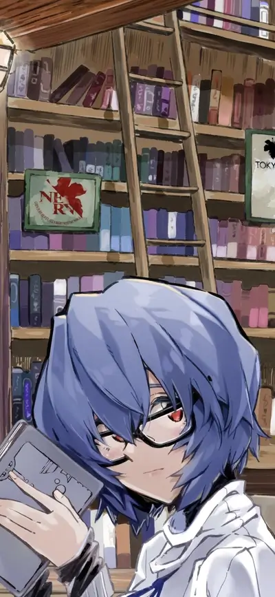 Girl with blue hair reading a book in a library