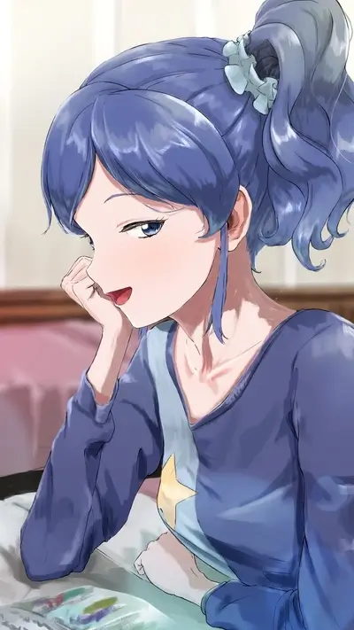 Girl with blue hair relaxing on a bed