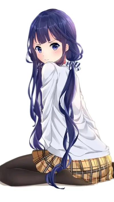 Girl with blue hair, school skirt, looking over her shoulder