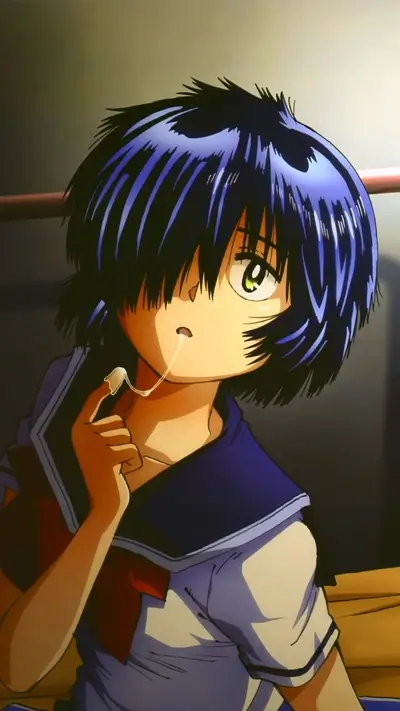 Girl with blue hair, school uniform, and a drip