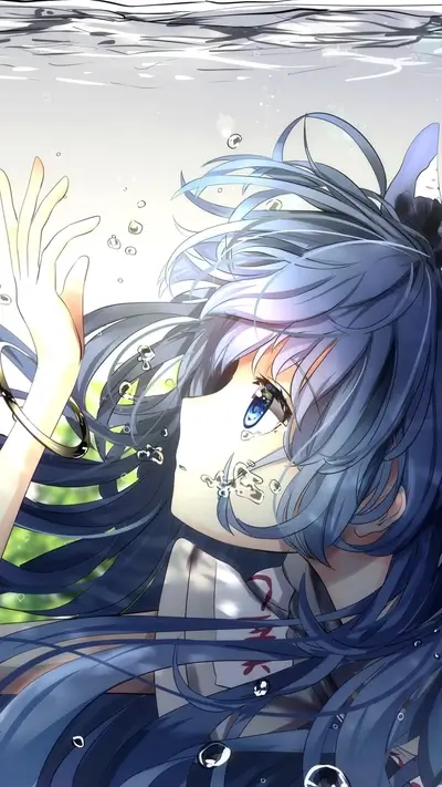 Girl with blue hair sinking underwater